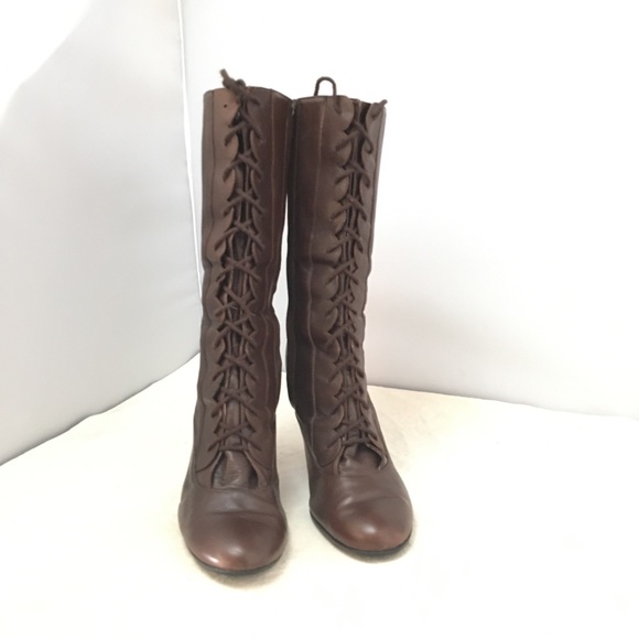 Jill Stuart Brown Leather High Heel Granny Boots - Picture 2 of 4